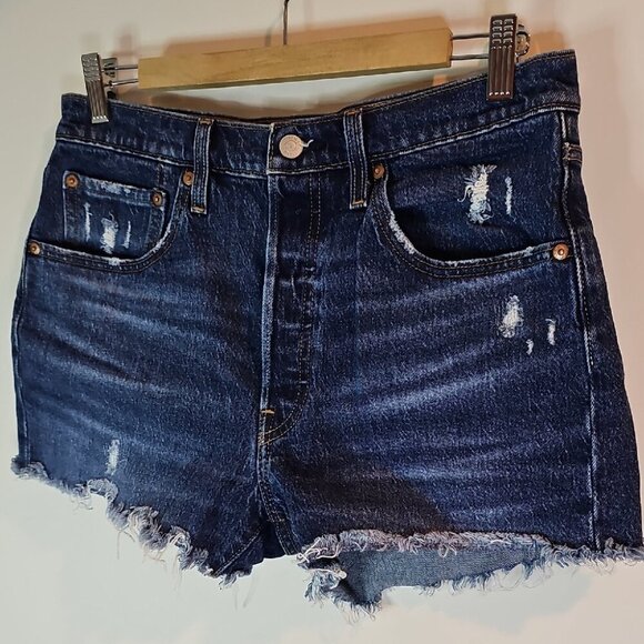 Levi's 501 Blue Distressed Denim Button Fly 32" Waist Jean Shorts - Picture 2 of 13